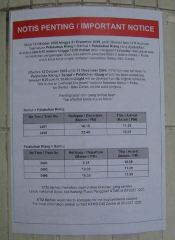 Service disruptions on the Sentul-Pelabuhan Klang line from October 13-31